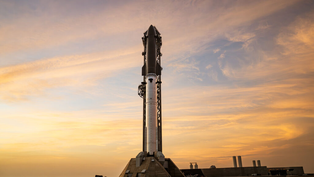 The fully integrated Flight 13 Starship V3 at Starbase, Texas, on the sunset of July 22, 2026.