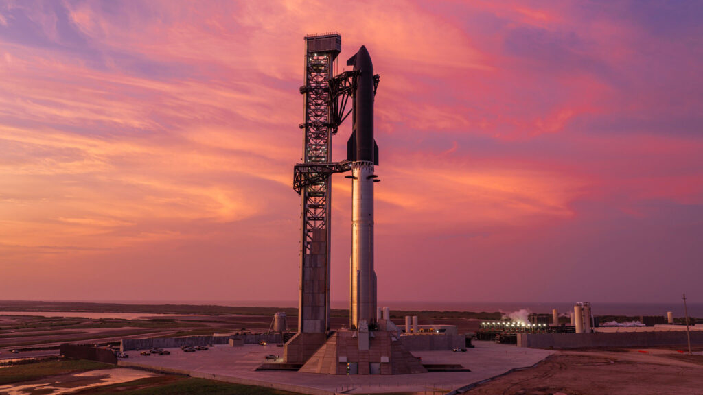 Fully stacked / integrated Flight 13 Starship at Starbase, Texas, ready for the 2nd attempt at the launch test on Thursday, 23 July, 2026. The picture was taken on the evening of Wednesday, July 22, 2026.