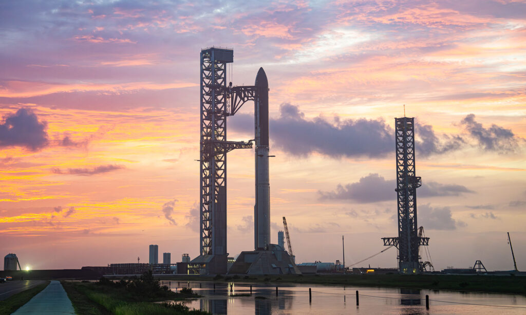 Flight 13 (IFT-13) Starship is fully stacked at the SpaceX Starbase, Texas, launch site after the liftoff failure on July 16.