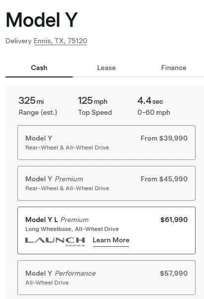 Screenshot of Tesla Model Y configurator showing the price of the Model Y L Launch Series and other trims.