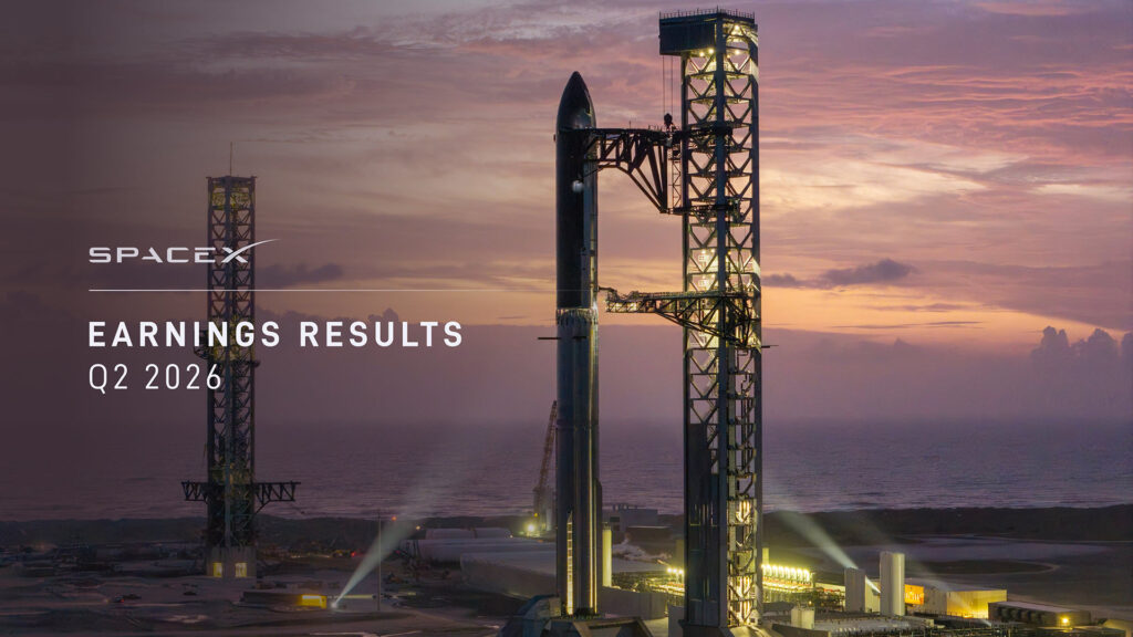 Q2 2026 SpaceX Earnings Call. Fully integrated Starship V3 mounted on the Pad 2 launch tower at Starbase, Texas.