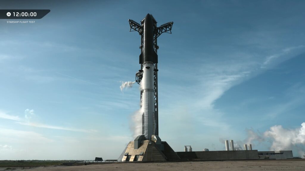 Flight 13 Starship standing at Starbase, Texas, after the abort on its first attempt on Thursday, July 16, 2026.
