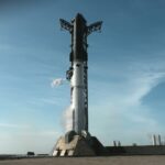 Flight 13 Starship standing at Starbase, Texas, after the abort on its first attempt on Thursday, July 16, 2026.