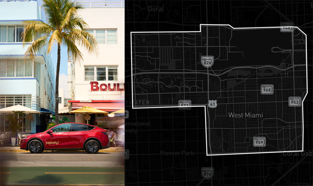 A red Tesla Model Y Robotaxi (left), the geofence Tesla Robotaxi operation map for Miami, Florida (right, map is from July 2026).