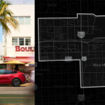 A red Tesla Model Y Robotaxi (left), the geofence Tesla Robotaxi operation map for Miami, Florida (right, map is from July 2026).