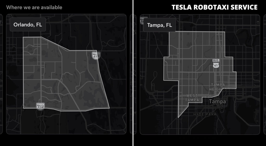 Tesla Robotaxi geofence maps: on the left, Orlando, FL, and on the right, Tampa, FL.