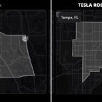Tesla Robotaxi geofence maps: on the left, Orlando, FL, and on the right, Tampa, FL.