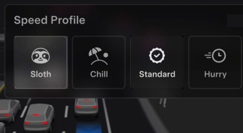 SLOTH, CHILL, STANDARD, and HURRY Speed Profile icons in FSD v14 and v14 Lite.