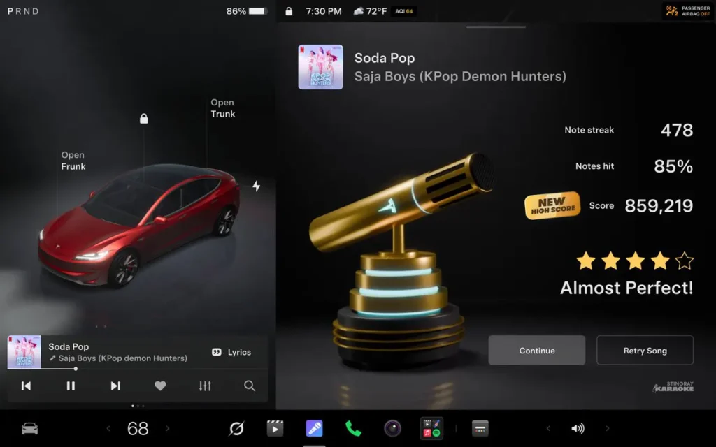 Screenshot of the Tesla Caraoke (Karaoke) in-car app.