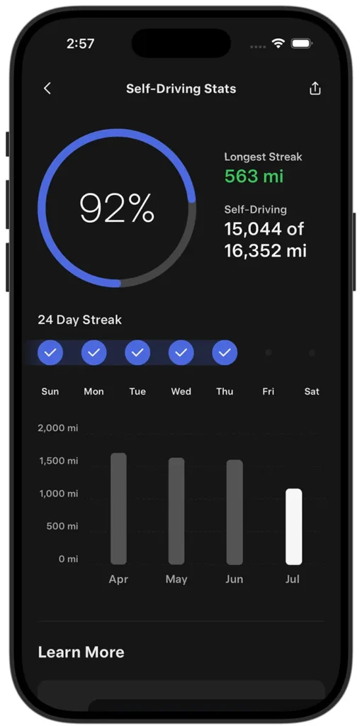 Tesla Self-Driving Stats app on Tesla mobile app screenshot.
