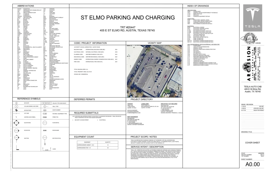Tesla Cybercab (Auto Cab) wireless charging station project details by the civil architectural firm (Arc Vision Inc.). 