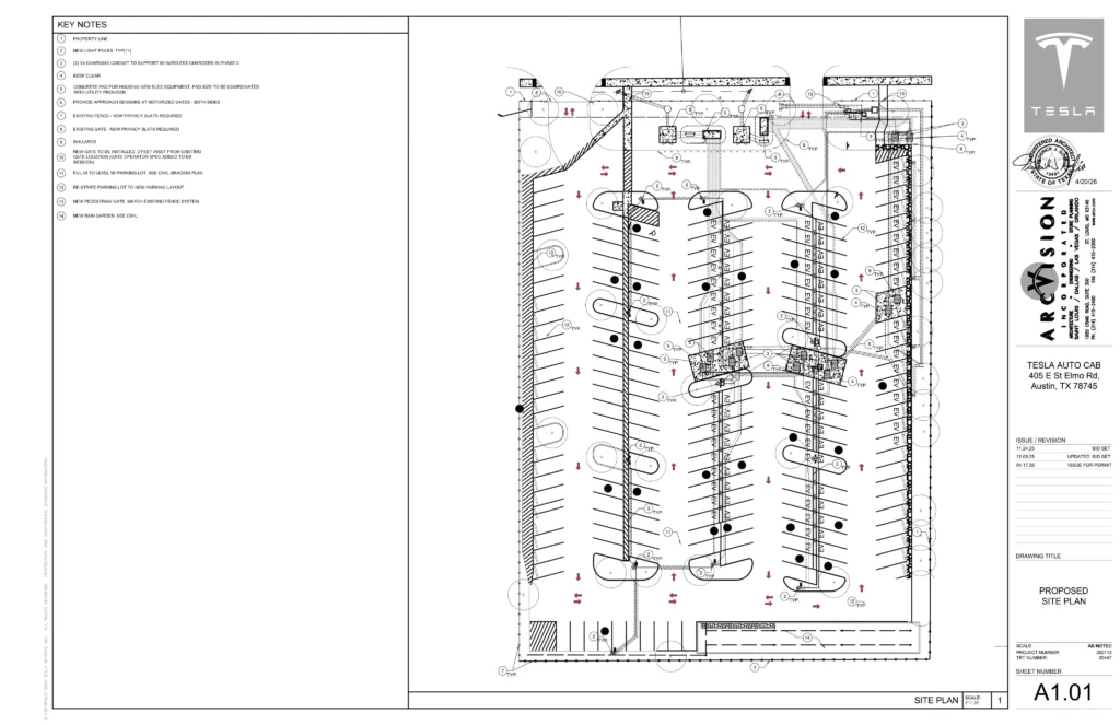 Tesla Cybercab charging station civil architectural diagram and project details.