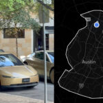 Multiple Tesla Cybercab robotaxis seen on the streets of Austin, Texas (left), new Robotaxi Service geofence area map for Austin (August 29, 2026).