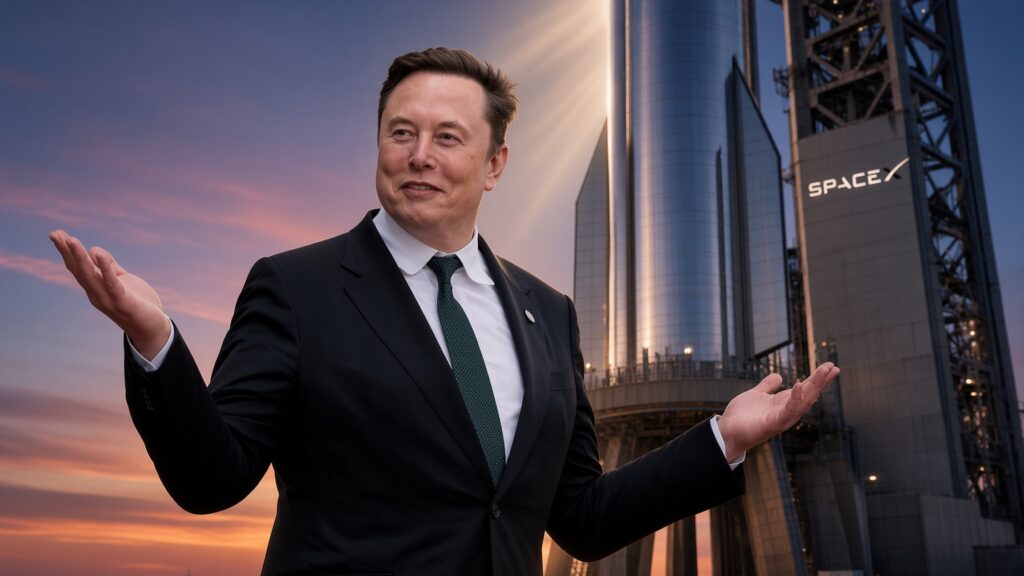 Elon Musk doing his 'What can I say' gesture. Starship and its launch tower in the background with the SpaceX logo.