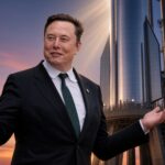 Elon Musk doing his 'What can I say' gesture. Starship and its launch tower in the background with the SpaceX logo.