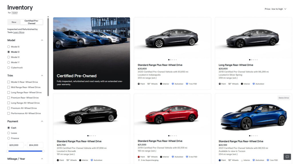 Screenshot of Tesla Certified Pre-Owned Inventory page, showing available Tesla Model 3 options, starting at $20,600.
