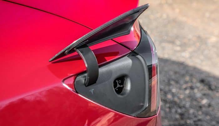 The charge port of a Tesla vehicle.