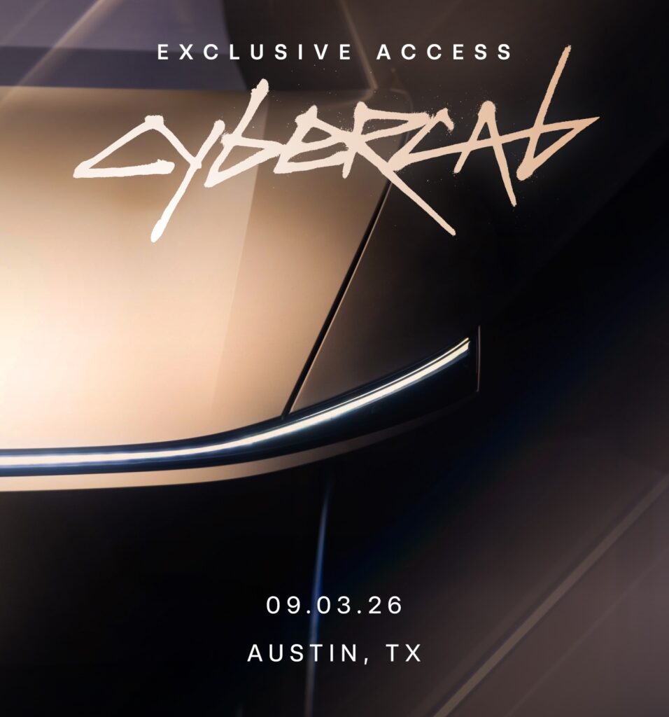 Official poster for the Tesla Cybercab launch in Austin, Texas, on September 3, 2026.