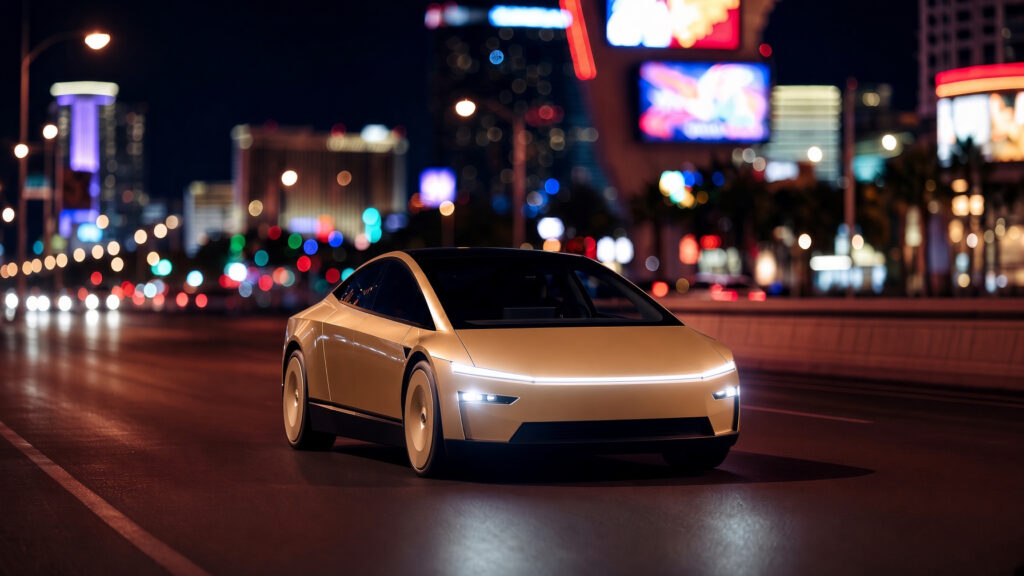 A Tesla Cybercab in a metro setting like Las Vegas, Nevada.