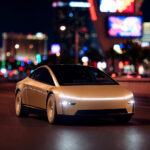 A Tesla Cybercab in a metro setting like Las Vegas, Nevada.