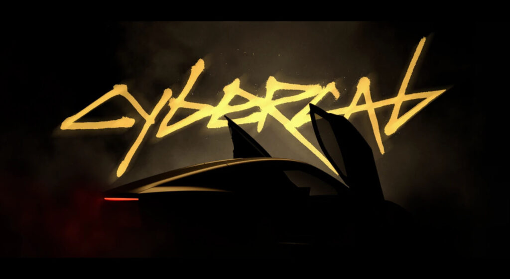 Tesla Cybercab launch event official teaser image with the cyberpunk-themed Cyebrcab wordmark.
