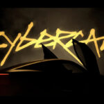 Tesla Cybercab launch event official teaser image with the cyberpunk-themed Cyebrcab wordmark.