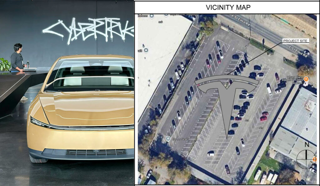 Close-up front view of a Tesla Cybertruck EV robotaxi (left); vicinity map of the dedicated Cybertruck charging station at 405 E St Elmo Rd, Austin, Texas (right).