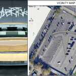 Close-up front view of a Tesla Cybertruck EV robotaxi (left); vicinity map of the dedicated Cybertruck charging station at 405 E St Elmo Rd, Austin, Texas (right).