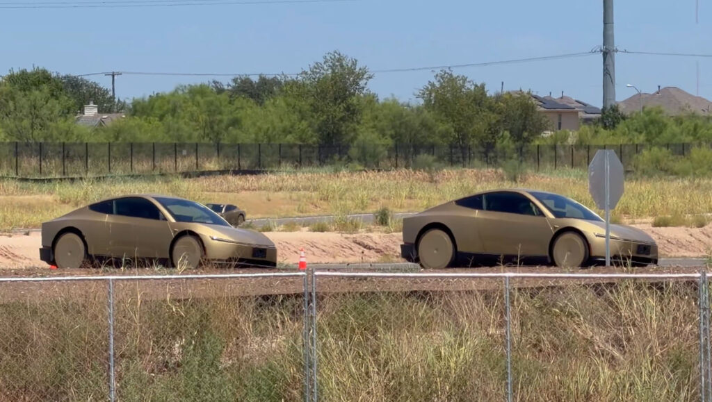 A fleet of Tesla Cybercab vehicles learning and reinforcing Stop sign behavior at the Giga Texas test track.