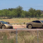A fleet of Tesla Cybercab vehicles learning and reinforcing Stop sign behavior at the Giga Texas test track.