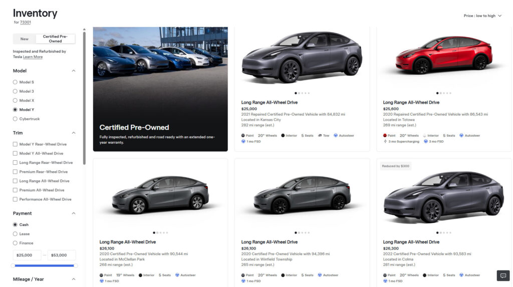 Screenshot of Tesla's Pre-Owned Certified Model Y inventory page with a listing of multiple cars available for sale.