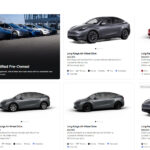 Screenshot of Tesla's Pre-Owned Certified Model Y inventory page with a listing of multiple cars available for sale.