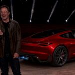 Elon Musk laughing as he presents the next-gen Tesla Roadster to the world (2017 launch picture re-imagined with Grok).