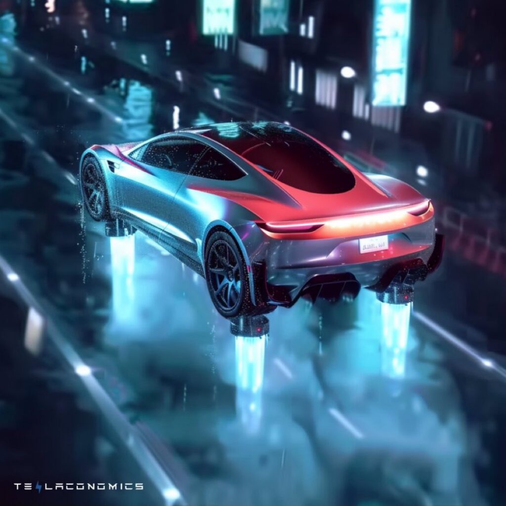 A fan-made render of a flying Tesla Roadster using downward-facing SpaceX thrusters.