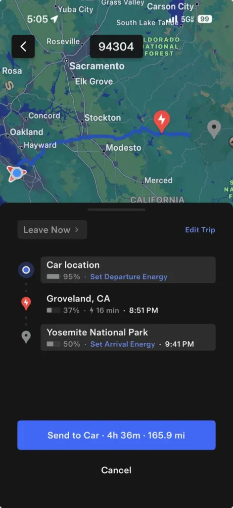 Screenshot of Set Arrival Energy from the Tesla mobile app.