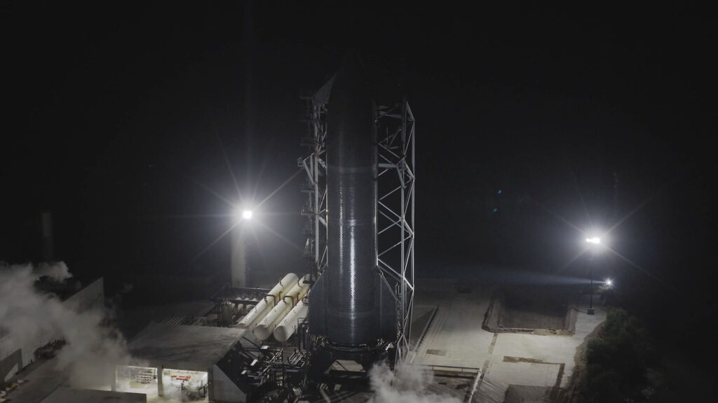 Flight 14 Starship 41 mounted on a test stand at the Massey's Outpost, Starbase, Boca Chica, Texas.