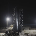 Flight 14 Starship 41 mounted on a test stand at the Massey's Outpost, Starbase, Boca Chica, Texas.