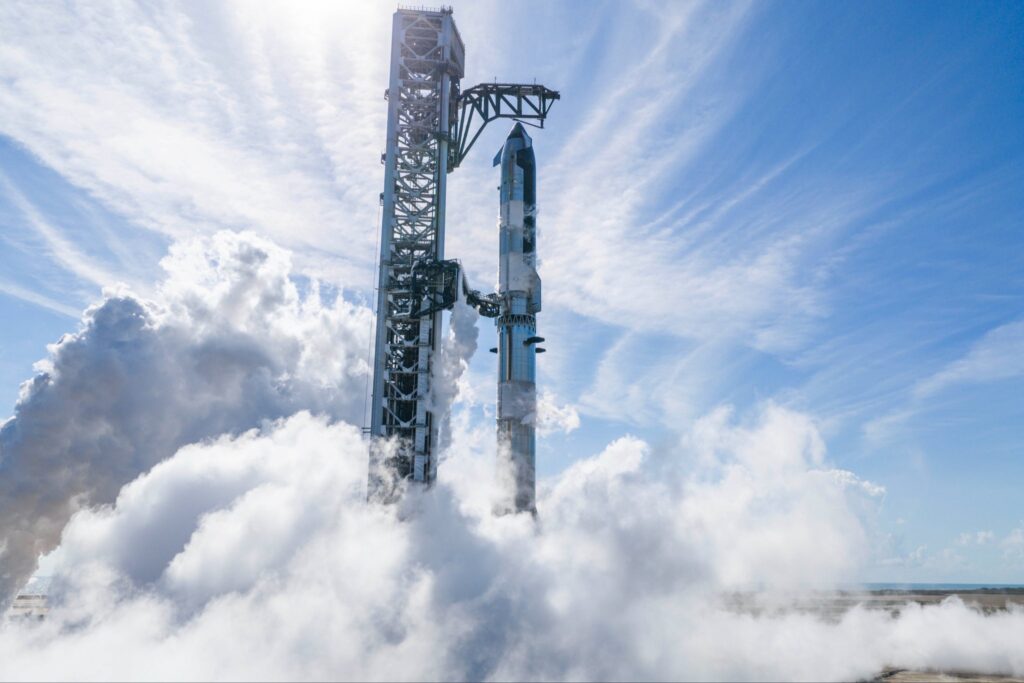 Fully integrated Flight 14 Starship (Ship 41 mounted on Booster 21) vertically standing on orbital launch pad (OLP-2) at Starbase, Boca Chica, Texas, after completing the wet dress rehearsal.