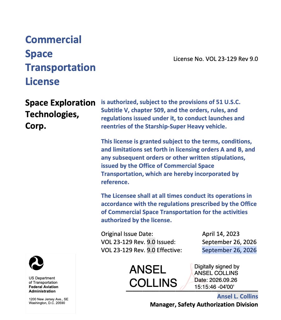 Screenshot of the first page of the FAA license for Starship Flight 14 orbital launch and landing test (IFT-14).