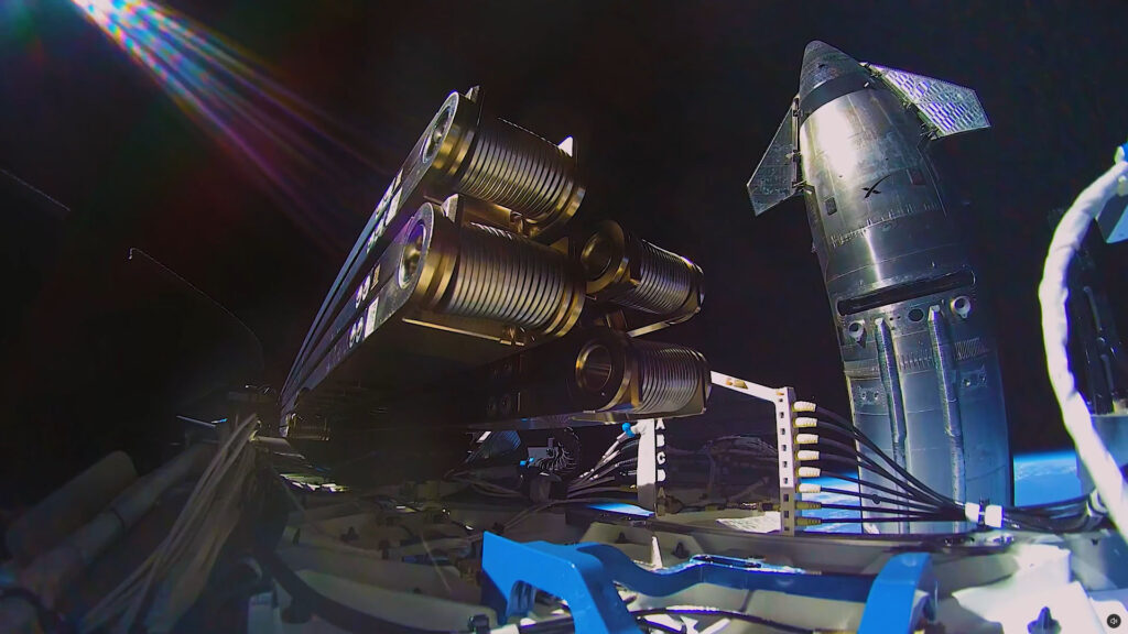 A view of Starship (Ship 41) from one of the 26 Starlink satellites deployed in orbit during Flight 14.