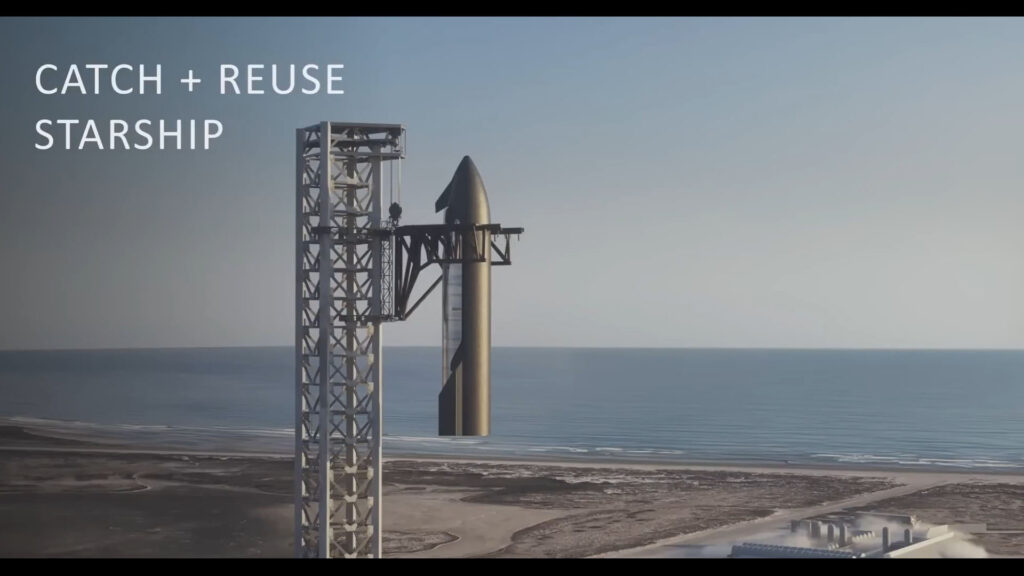 Computer render of a Starship upper stage spacecraft caught by the launch tower arms (Chopsticks).