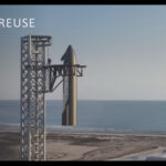 Computer render of a Starship upper stage spacecraft caught by the launch tower arms (Chopsticks).