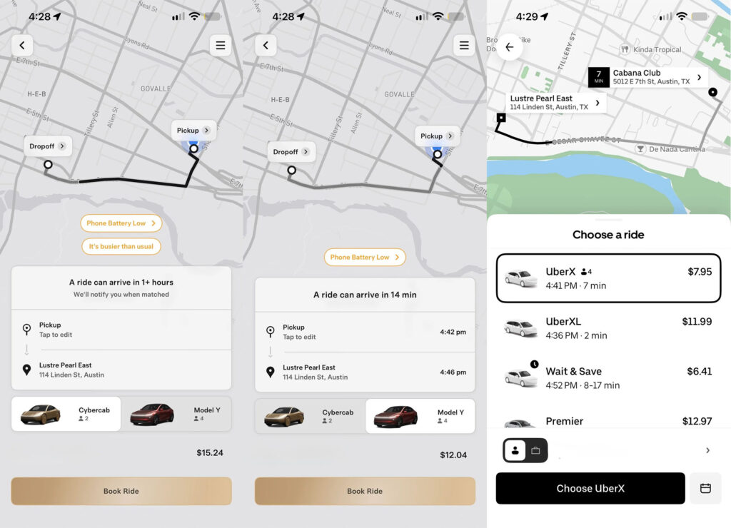 Tesla Robotaxi app screenshots: Cybercab fare (left), Model Y fare (middle). Uber app screenshot with multiple fares (right).