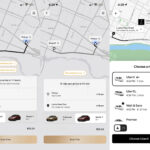 Tesla Robotaxi app screenshots: Cybercab fare (left), Model Y fare (middle). Uber app screenshot with multiple fares (right).