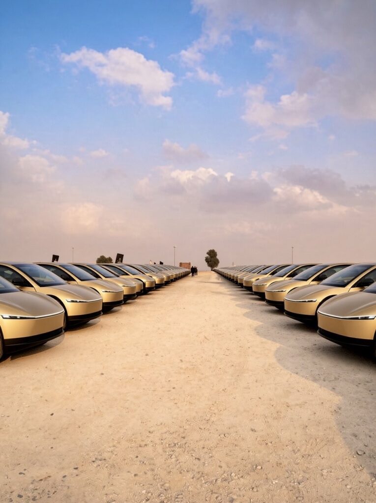 A fleet of Tesla Cybercabs outside the launch event venue in Austin, Texas (September 3, 2026).
