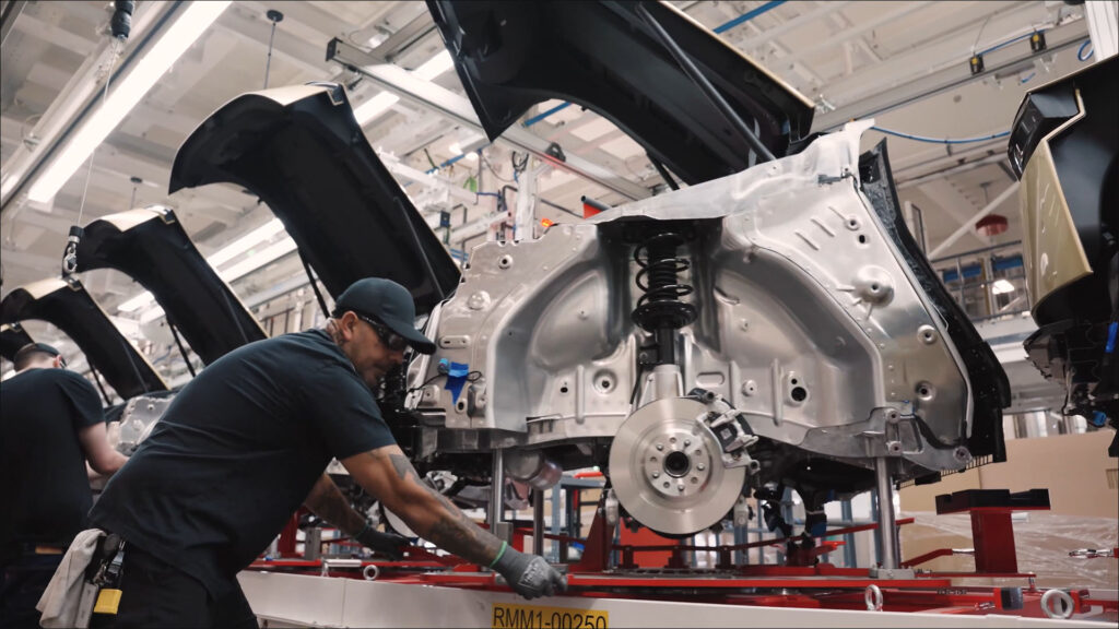 Front module of the Tesla Cybercab shown on the production line at Giga Texas.