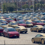 A large parking lot filled with Tesla Cybercabs and Model Y Robotaxis in Houston, Texas.