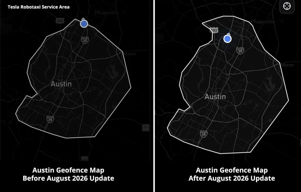 Tesla Robotaxi Service geofence area maps before and after the late August update to the mobile app.