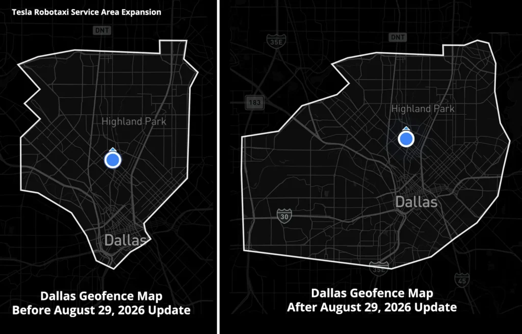 Tesla Robotaxi Service geofence area maps for Dallas, Texas, before and after the August 29, 2026 update to the mobile app.