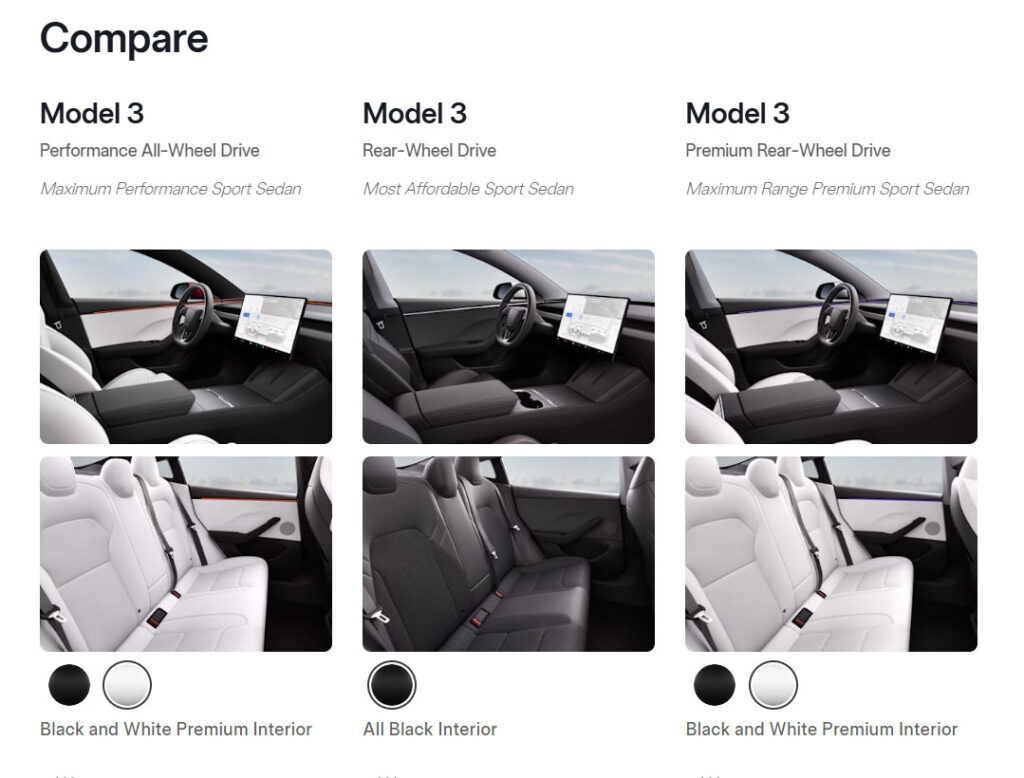 Visual comparison of the interiors of Tesla Model 3 Performance vs Model 3 Premium, and base RWD variant.